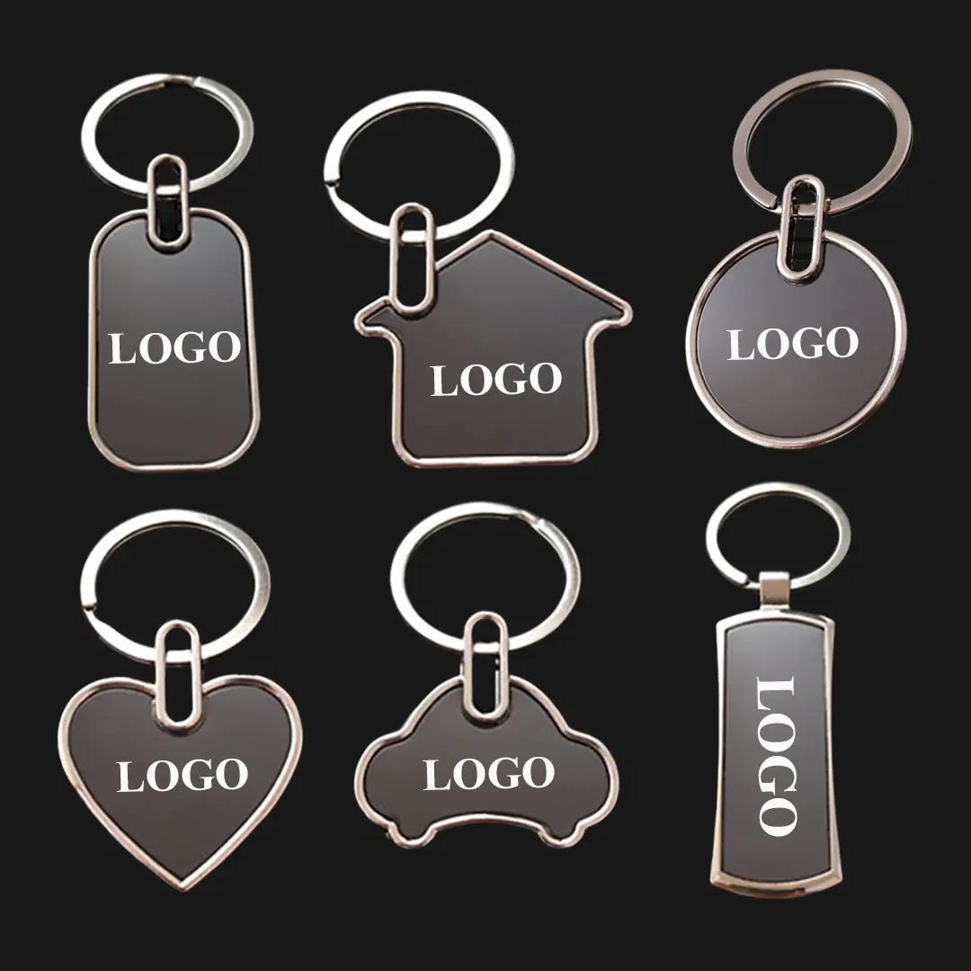 Grosir kustom Logo kosong kunci logam Logo Laser gantungan kunci Kirsite paduan hitam ukiran hati rumah mobil gantungan kunci