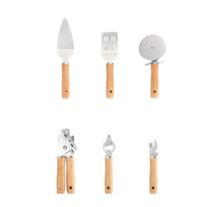 Juego de Utensilios de Cocina Mini de Acero Inoxidable con Mango de Madera de Haya, 6 Piezas: Espátula para Pizza, Rodillo, Cuchillo, Abrebotellas, Abrelatas - Product Image 5