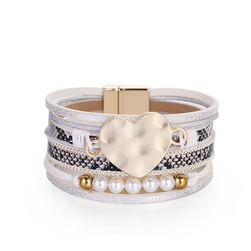 Go Party Fashion Heart Bead Pearl Cuff Bracelet Women PU Leather Bracelet Magnetic Buckle Bracelet Bangles Bohemian Jewelry