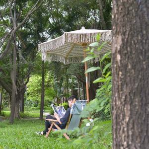 Parasol de soleil bohème en corde de coton macramé-2.5/3 m parasol de plage, poteau en bois vintage, style tissé à la main pour patio, jardin - Product Image 4