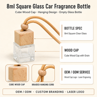 Flacon diffuseur de parfum pour voiture en verre carré de 8 ml avec bouchon en bois cubique, flacon vide à suspendre pour la décoration intérieure de la voiture