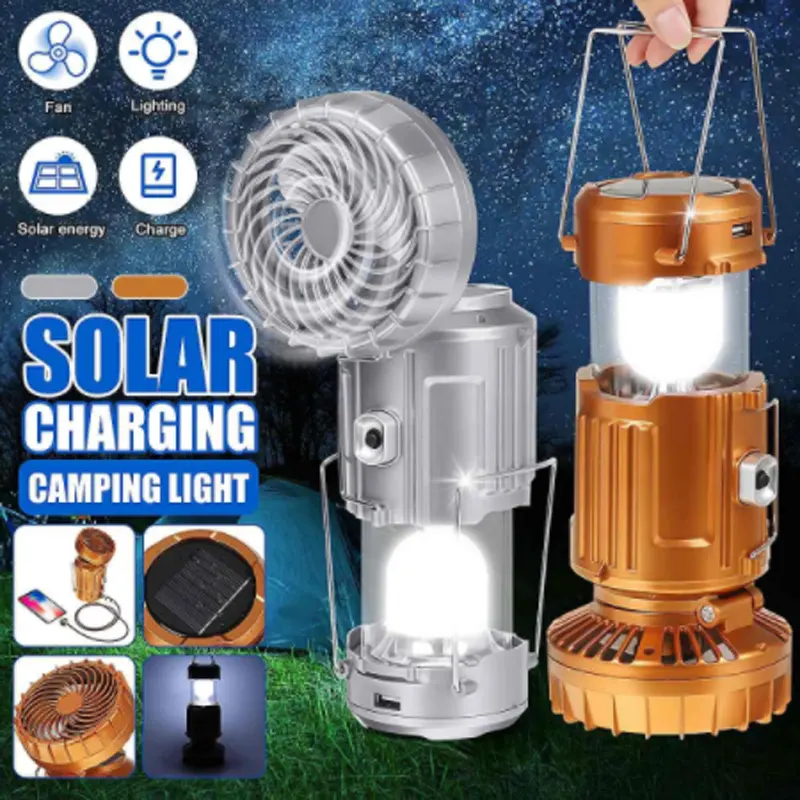 Collapsible Solar Camping Lantern With Fan Rechargeable Led Camping Hiking Light Tent Lamp