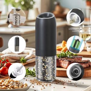 2 Pack Plastic Gravity Electric Salt <b>Pepper</b> <b>Grinder</b> Set Automatic Battery Powered Mill Adjustable Coarseness One Hand Operated - Product Image 4