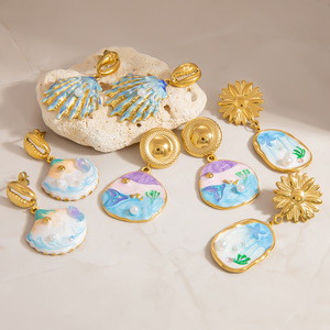 Fashion Drop <b>Earrings</b> Ocean Shell Design Stainless Steel <b>Studs</b> Vacation Style <b>Blue</b> Seashell Jewelry EH11783 - Product Image 1