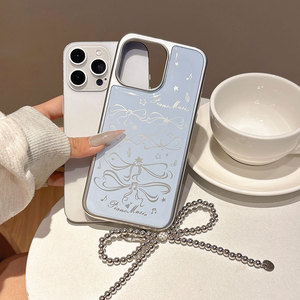 Coque pour iPhone 17 Pro, revêtement en résine à bords argentés, nœud bleu girly avec pendentif, coque de téléphone antichoc à couverture intégrale - Product Image 6