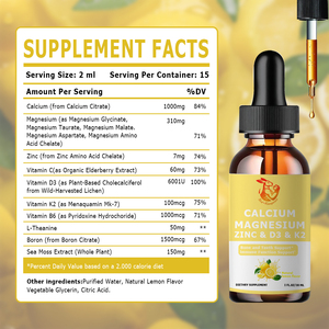 Gouttes liquides Red-Kangaroo Calcium Magnésium Zinc D3 K2 1 FL.OZ/30 ML Saveur citron naturel Complément alimentaire pour le soutien des os et des articulations - Product Image 2