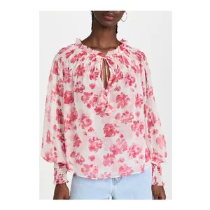 Blusa in chiffon con stampa floreale rosa con volant manica lunga estiva da donna