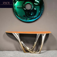 Table console murale en acier inoxydable de luxe moderne avec plateau en cuir, design semi-circulaire pour salon, entrée