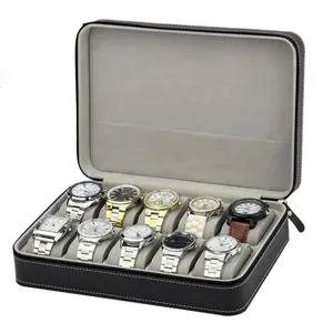 Promotional China watch case factory with pu leather for men's gifts zipper 10 slots watch storage box pocket