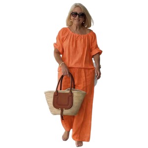 Ensemble deux pièces pour femmes, haut ample à col rond avec cordon de serrage et pantalon, couleur unie, costume décontracté, S M L XL 2XL 3XL - Product Image 5