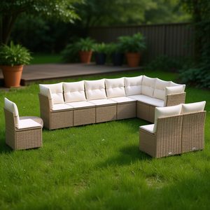 Conjunto de Sofás de Jardín de Ratán Beige para 10 Personas, Muebles de Exterior con Cojines, Diseño Contemporáneo - Product Image 3
