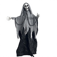 Décor d'Halloween Grim Reaper animé grandeur nature de 185 cm, squelette fantôme agitant les bras activé par le son avec des yeux rouges lumineux et un torse vert