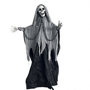 Décor d'Halloween Grim Reaper animé grandeur nature de 185 cm, squelette fantôme agitant les bras activé par le son avec des yeux rouges lumineux et un torse vert - Product Image 2