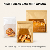 Sac à pain en papier kraft avec fenêtre, pour pain de mie, sandwich, personnalisable, avec fermeture à lien métallique, blanc, marron, fond plat, pour boulangerie, vente au détail
