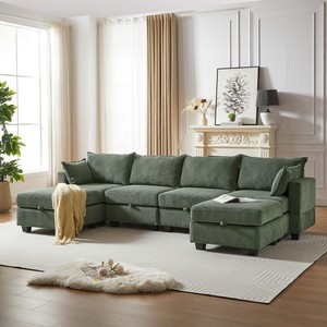 Modular Sectional Corduroy Sofa Set-Modern Design 6-Seater <b>Convertible</b> Chaise with Storage Ottoman for Living Room Furniture - Product Image 1