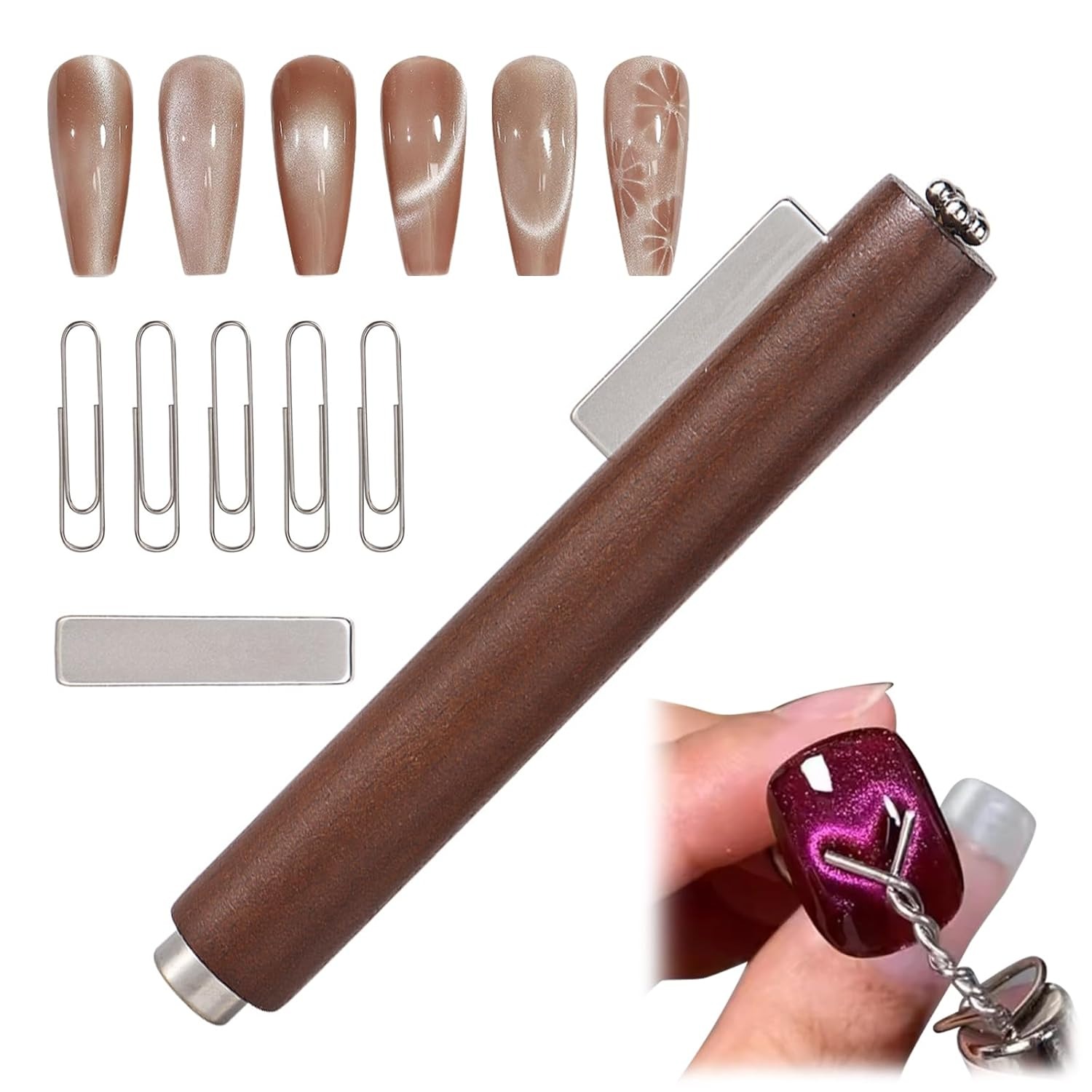 Handiyahbeauty, Новый 3 в 1, Экологичная деревянная ручка, профессиональный инструмент для ногтей, сигары, сильный магнит для ногтей, кошачий глаз