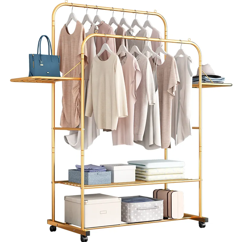 Cheap portable golden clothes hanging rack bedroom standing metal coat rack with wheels