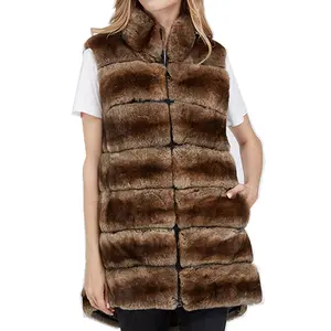 Long style fur vest for women real rex rabbit fur gilet with zipper lady winter fur waistcoat