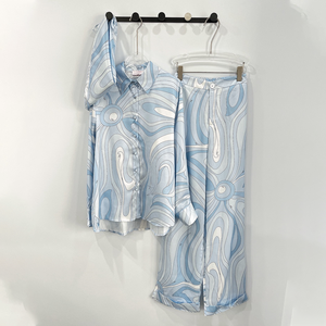 Ensemble décontracté 3 pièces pour <span class=keywords><strong>femme</strong></span> : chemise à manches longues, <span class=keywords><strong>pantalon</strong></span> large et bandeau, imprimé abstrait, style créateur - Product Image 1