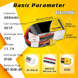 ชุดแบตเตอรี่11.1V 3S 450mAh 75C Lipo พร้อมปลั๊ก XT30 (2ชิ้น) ผลิตในประเทศจีน - Product Image 2