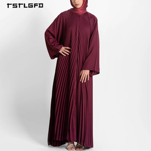 Women Pleated Open Front Abaya Matte Satin Centre Radial Sunburst Pleat Batwing Sleeve Modest Luxury Formal Islamic Maxi Dress - Product Image 1