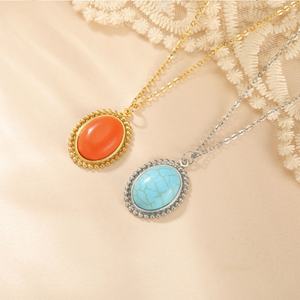 Collier pendentif en acier inoxydable de luxe couleur or 14 carats, non ternissant, avec turquoise naturelle, pour homme et femme - Product Image 2