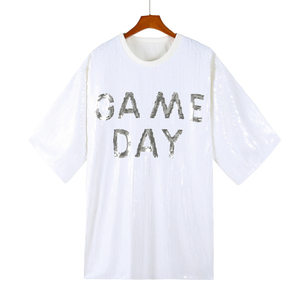 T-shirt <span class=keywords><strong>da</strong></span> <span class=keywords><strong>Donna</strong></span> con Paillettes, Collo Tondo, Mezza Manica, Vestito Ampio con Stampa 'GAME DAY' - Product Image 2