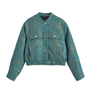 Green Textured Women Jacket Casual <b>Stand</b> Collar Button Front Regular Fit Autumn <b>Coat</b> - Product Image 1