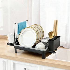 מתקן אחסון צדדי לכיור מברזל, מתקן ייבוש כלים עם מחזיק סכו\\\"ם, מתקן ייבוש מטליות, מעמד לכוסות, צינור ניקוז, רגליים מוגבהות - Product Image 1