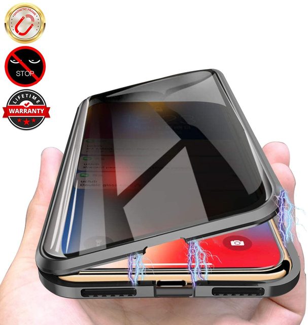 Anti Peep Magnetic Adsorption Double Sided Glass Privacy Screen Protector Metal Bumper Anti Spy Phone Case for iPhone