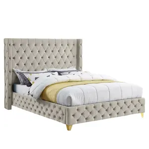 Luxe Slaapkamer Gestoffeerde Queen Bed Getuft Rijst-Greem Fluwelen Opslag Bed.