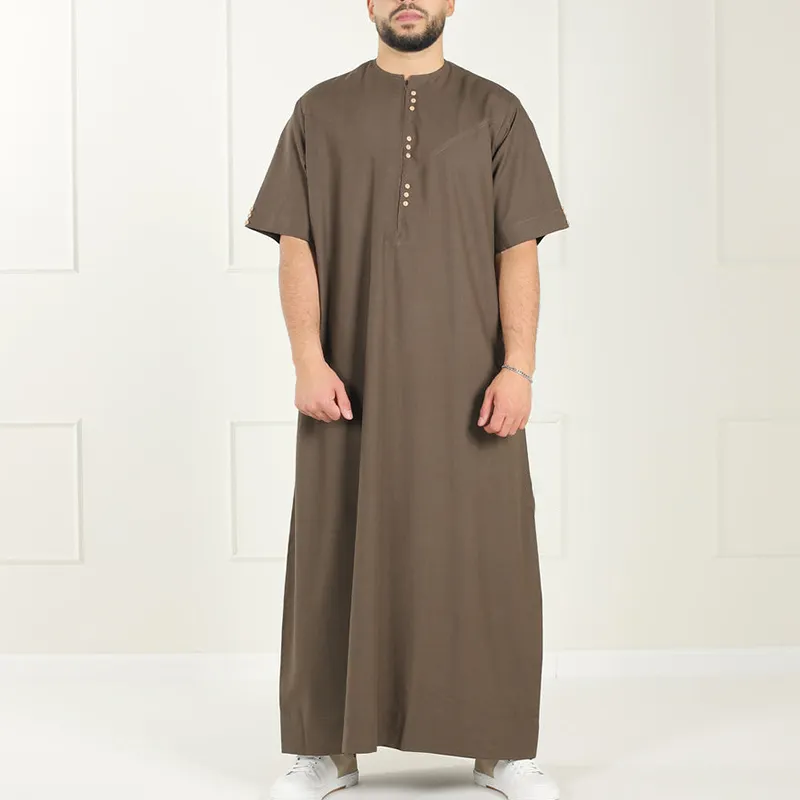 New Style half sleeve thobes men brown muslim robe islamic clothing 100% polyester turkey abaya