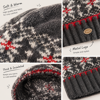 Bonnet en tricot à motif rétro Fair Isle, bord côtelé contrastant, en laine chaude pour l'hiver, idéal pour les voyages et les séances photo hivernales