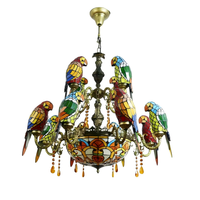 Lustre en verre teinté en forme de perroquet, 10 lumières à intensité variable, suspension dorée, luminaire vintage en mosaïque d'oiseaux pour salon/restaurant