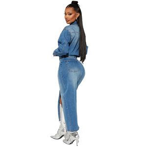 Wholesale New Spring Vintage Tight Waist Denim <strong>Dress</strong> Turndown Collar Button <strong>Dress</strong> Fashion Split Denim Long Denim <strong>Dresses</strong> - Product Image 3