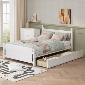 Solid Wood Platform <b>Bed</b> <b>Frame</b> <b>With</b> 2 Drawers <b>Storage</b> For Kids Bedroom <b>White</b> Color - Product Image 2