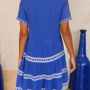 Robe d'été midi décontractée en coton et lin, col en V, manches longues, coupe trapèze, personnalisable et élégante pour femme - Product Image 5