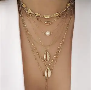 New Fashion Alloy Gold Clavicle Chian Shell Pearl Multilayer Necklace for Women Seashell Beach Boho Necklace Pendant Jewelry