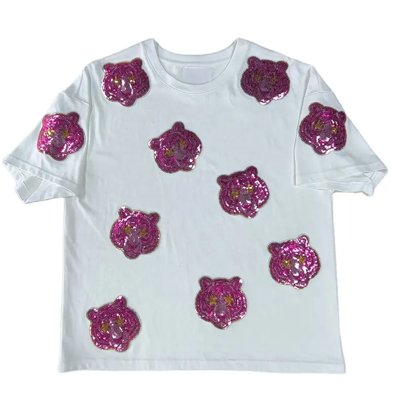 Chemise à paillettes personnalisée 100% coton broderie Patch filles chemises à paillettes T-shirt à paillettes pour les femmes