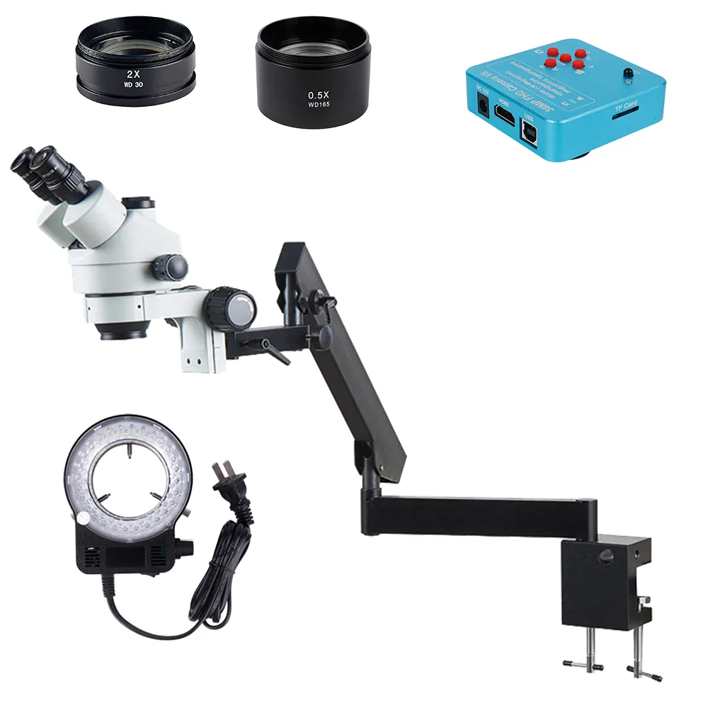 SZM3590-microscopio Trinocular profesional con Zoom, Zoom estéreo, aumento de 10x, anillo de luz LED, soporte plegable
