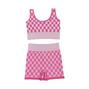 NO Tariffs Contact Us GSSO2704 Wholesale Quality Athletic Clothing Women <strong>Outfits</strong> <strong>Pink</strong> Plaid Vest with Shorts Set Adult Clothes - Product Image 4