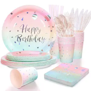 Customized Birthday Party Disposable Paper Tableware Set Eco-Friendly Plates Cups Napkins Knives Strawn