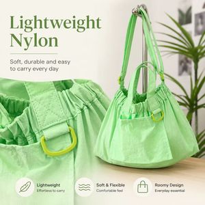<b>Light</b> Green Nylon Tote Bag With Drawstring Closure And Shoulder Strap For Daily Use - Product Image 2