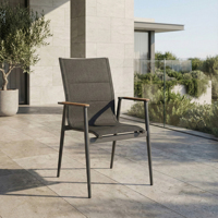 Chaise de salle à manger empilable, structure en aluminium, dossier en corde, assise rembourrée, revêtement poudré anthracite, design KD, café, restaurant, moderne