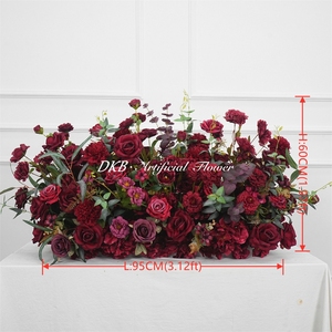 Bouquet de mariage vintage en soie, arrangement floral rouge bordeaux, roses réalistes et plantes vertes mélangées, 70 cm, pour allée centrale - Product Image 2