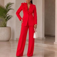 Setelan Blazer Wanita Ukuran Besar dengan Hiasan Bunga 3D dan Celana Kaki Lebar, Setelan 2 Potong Elegan Formal untuk Kantor dan Bisnis