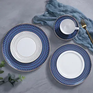 Restaurant Dinnerware Set Chinaware Gold Decal Luxury Christmas Dinner Set Royal Blue Plates Sets Dinnerware
