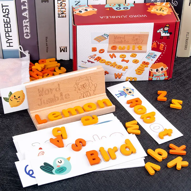 Intelligence préscolaire Montessori — blocs en bois, jeu de mots anglais assortis, lettres et mots anglais