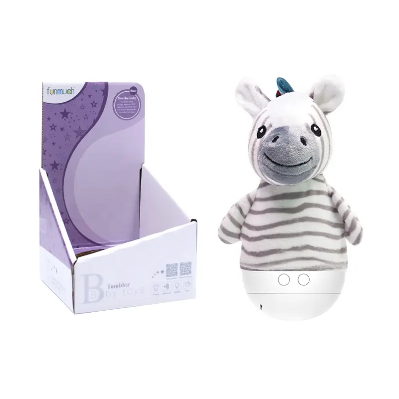 Hot selling baby toys creative cartoon zebra stuffed animal tumbler night light plush with music small night light