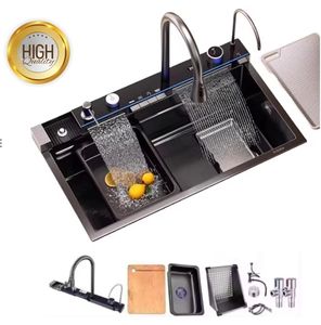 <span class=keywords><strong>Fregadero</strong></span> de Cocina Inteligente de <span class=keywords><strong>Acero</strong></span> <span class=keywords><strong>Inoxidable</strong></span> SUS304 Negro Nano con Diseño de Cascada y Pantalla Digital, Colección de Cocina Moderna 2025 - Product Image 1